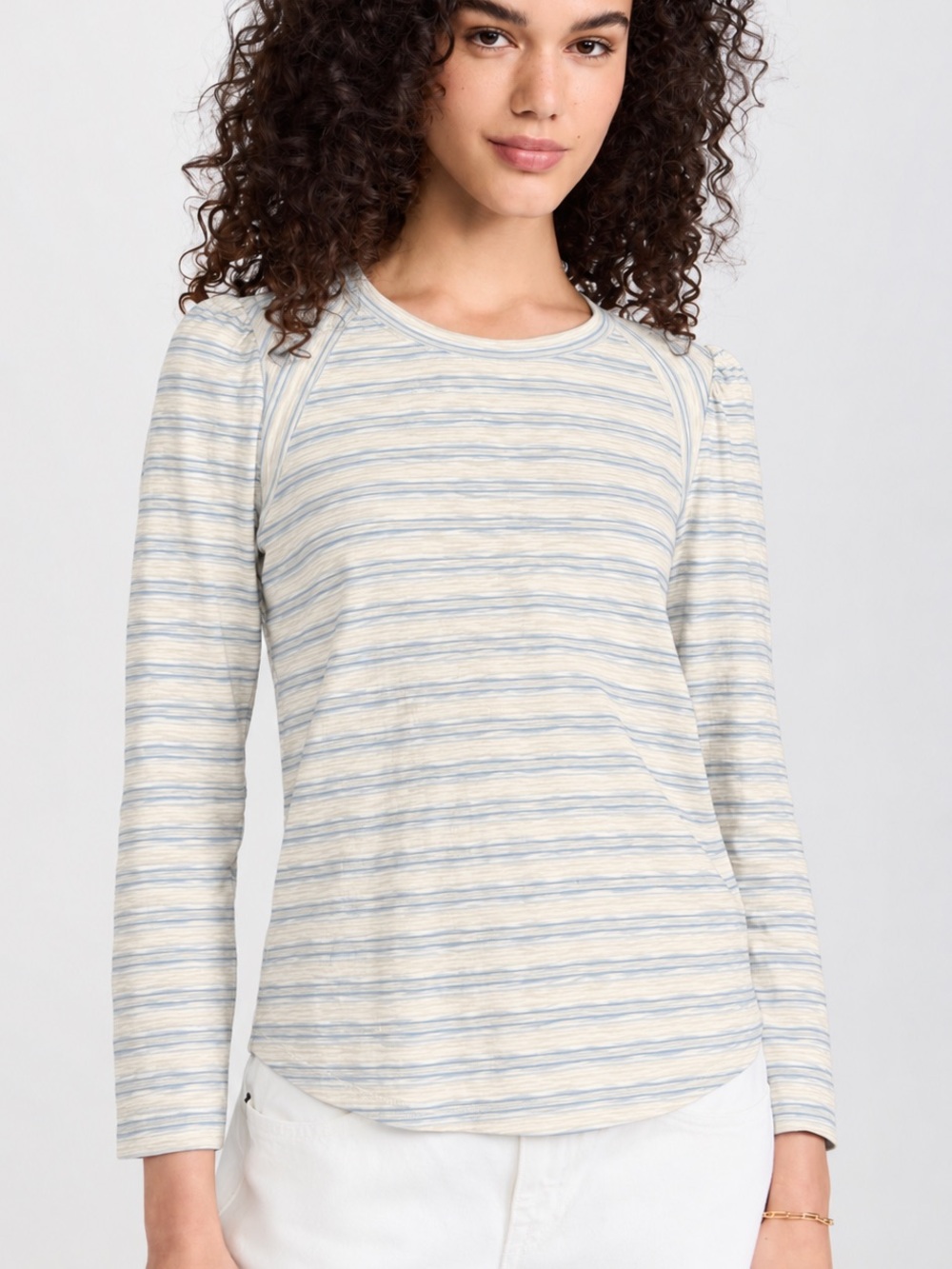 Veronica Beard Striped Puff-Shoulder Long Sleeve Tee